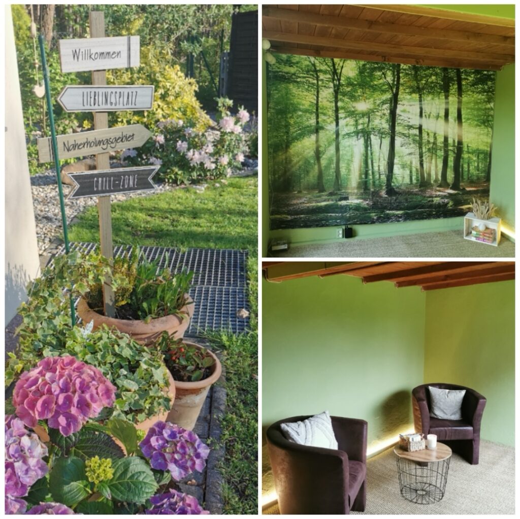 Gartenblick, Wand mit Fototapete, Sitzecke mit 2 Sesseln und Tisch